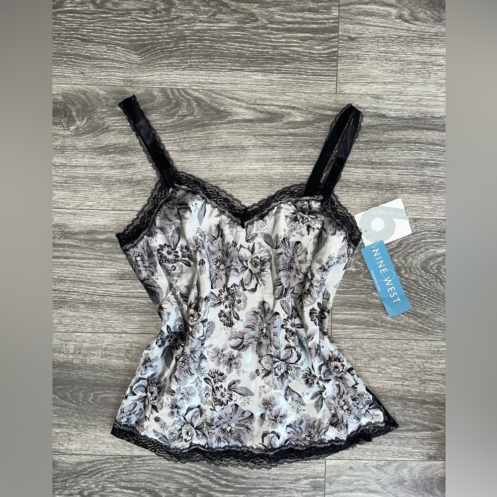 Nine West black and white silk floral lace cami top